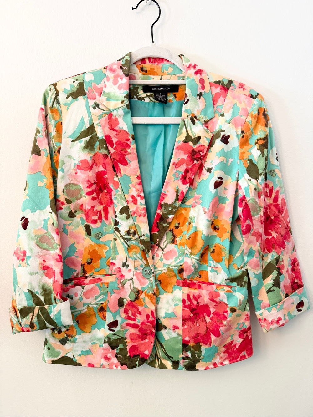 89th & Madison Floral Blazer Jacket Small Aqua Pink Cotton